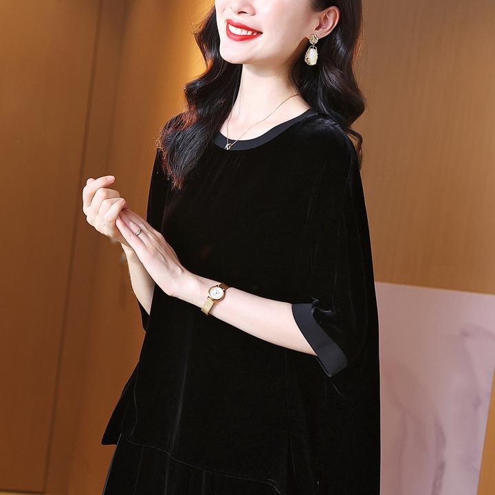 纯色短袖真丝丝绒上衣女圆领宽松优雅气质加大码休闲桑蚕丝t恤衫