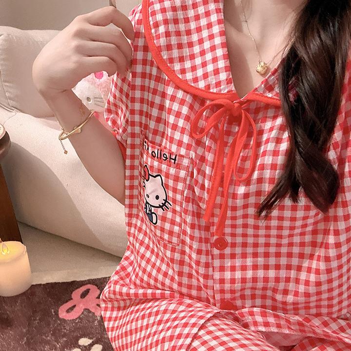 红格kitty家居服女款2025新款夏季短袖格子甜美公主风睡衣带胸垫