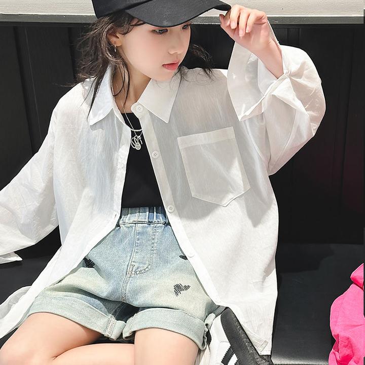女童白色衬衫夏季2025新款儿童防晒衬衣薄款女大童夏装穿搭一整套