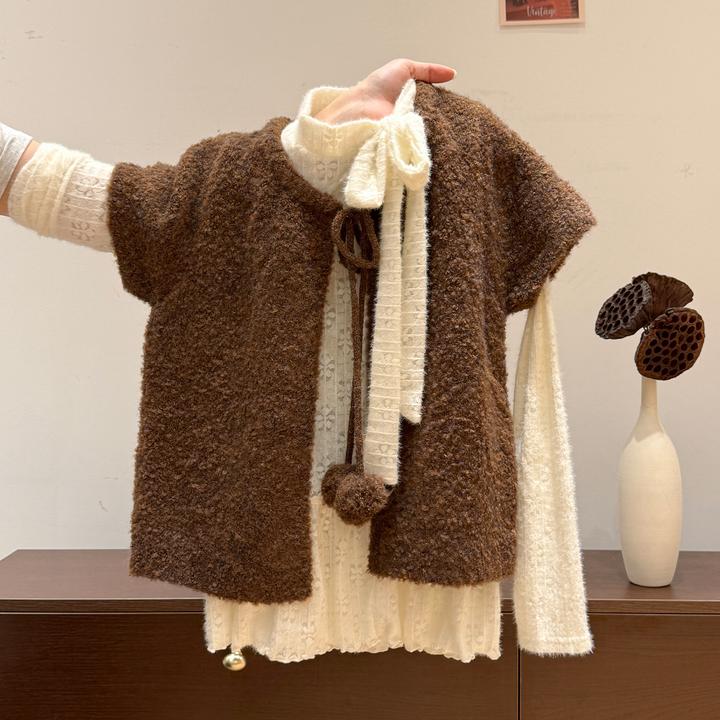 韩系秋冬穿搭一整针织短袖系带针织马甲外套蕾丝下摆内搭打底衫女