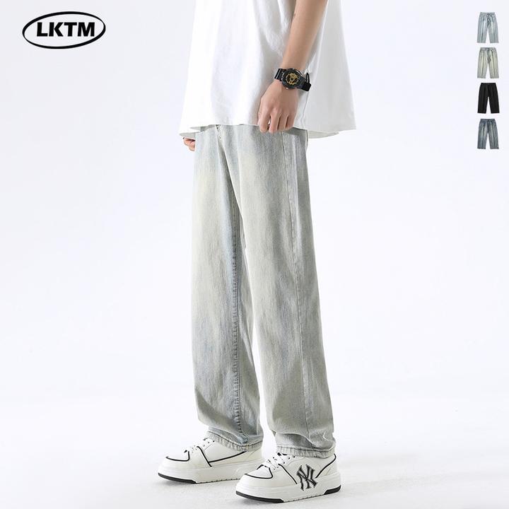 新款男装#美式水洗做旧黄泥染弹力牛仔裤男夏季潮牌高街直筒裤子