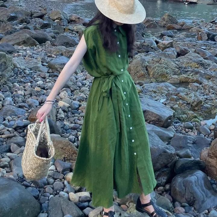 穿出简约休闲氛围 好惬意!~夏季绿色衬衫无袖连衣裙子女8082