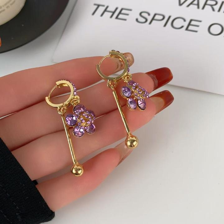 铜合金锆石耳饰 紫色玫瑰花锆石耳环氛围感耳扣百搭显瘦轻奢长款