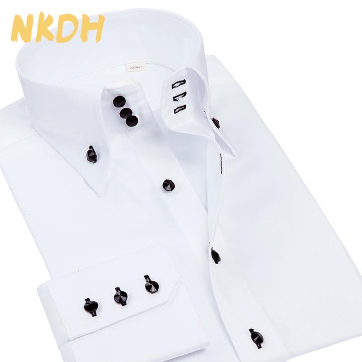 NKDH春秋季新款水晶扣男士长袖衬衫弹力高档商务休闲修身潮流男装
