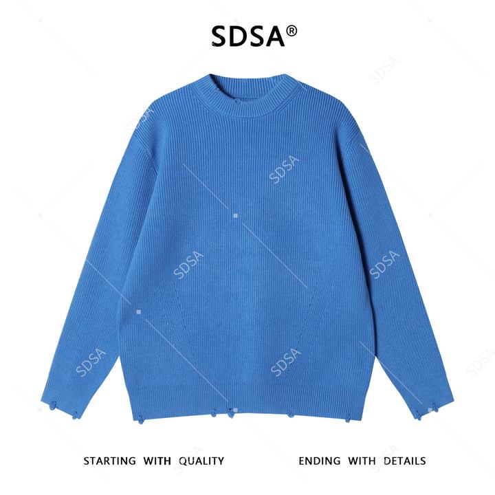 SDSA男士秋冬新款痞帅男装韩版纯色勾破圆领针织衫简约百搭毛衣