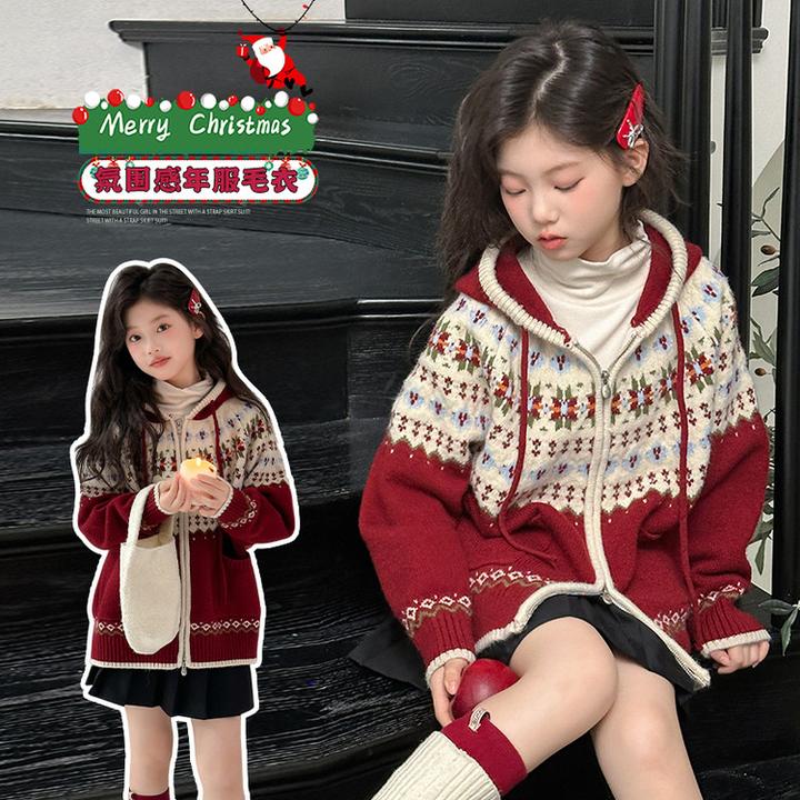 女童毛衣秋冬2025新款韩系女孩休闲连帽儿童圣诞节针织外套新年服
