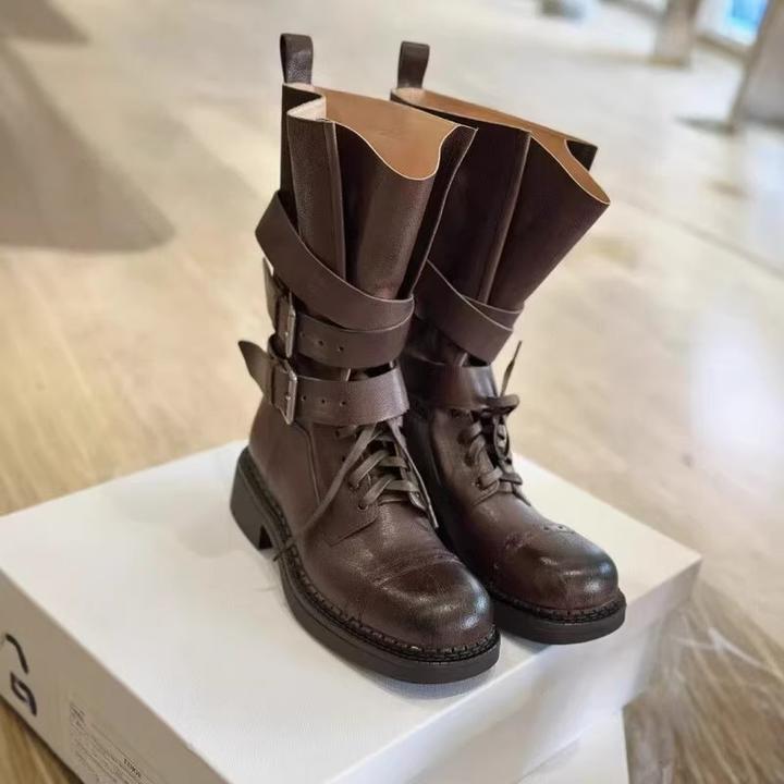 美拉德英伦风马丁靴女2025新款复古粗跟皮带扣短靴机车靴百搭单靴