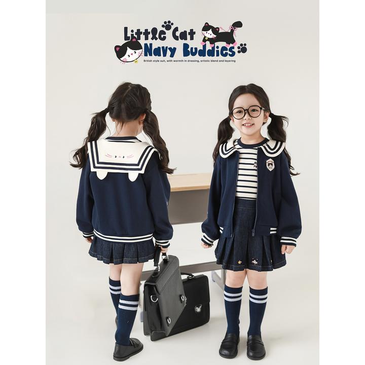 幼悠女童秋装学院风猫咪绣花套装可爱超萌儿童衣服潮 Q4492 Q4491