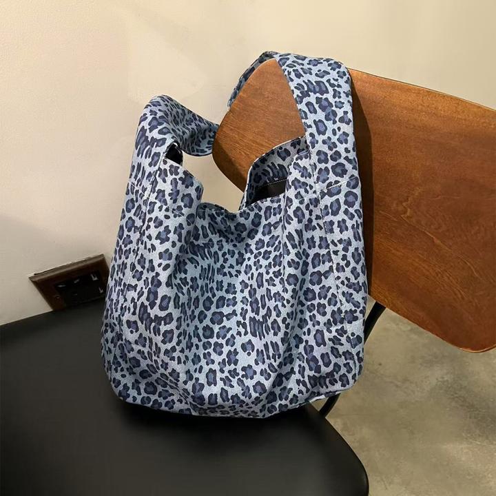 蓝色豹纹单肩包清新甜美休闲托特包大容量上班通勤学生手提包袋