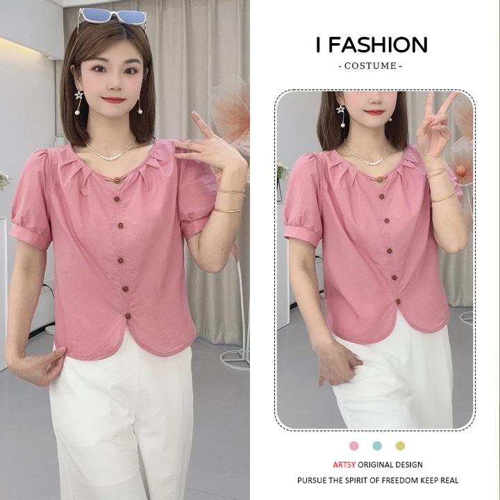 2025年夏季新款圆领甜美时尚显瘦短袖衬衫女士显瘦气质套头上衣潮
