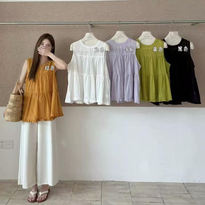 韩版圆领拼接木耳边蓬蓬娃娃衫女2025新款宽松显瘦遮肉无袖上衣夏