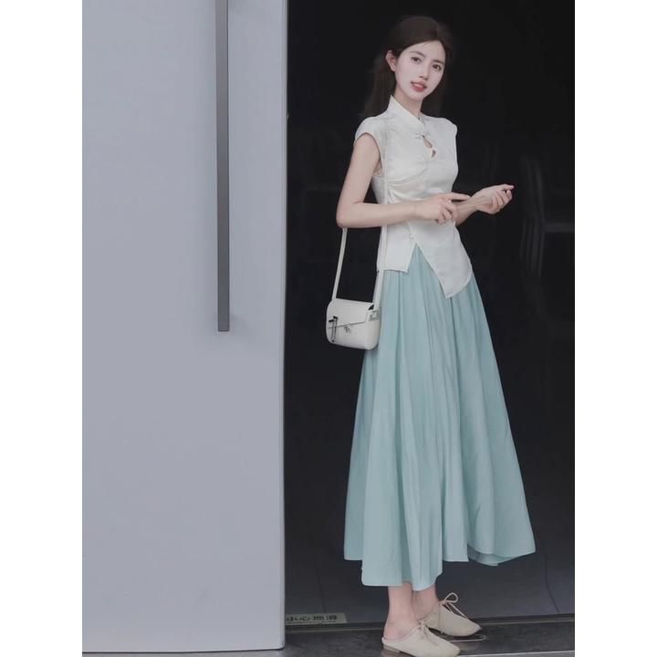 新款高腰显瘦遮跨半身裙女夏季小个子设计感小众字仙女长裙