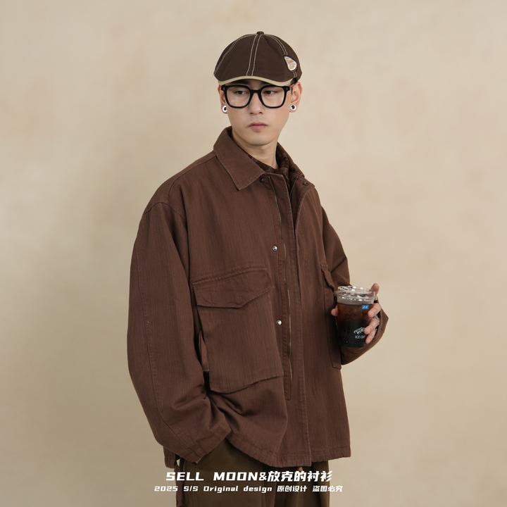 SELLMOON秋冬复古宽松休闲大口袋工装翻领日系夹克百搭外套长袖