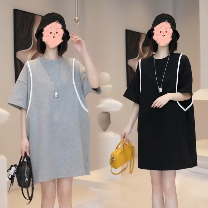 韩系气质宽松遮肉显瘦假两件T恤裙女夏季时尚别致慵懒减龄连衣裙