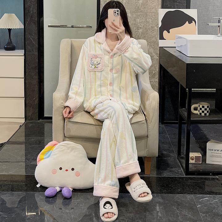 珊瑚绒睡衣女秋冬季大码加厚保暖25新款法兰绒粉条kt猫套装家居服