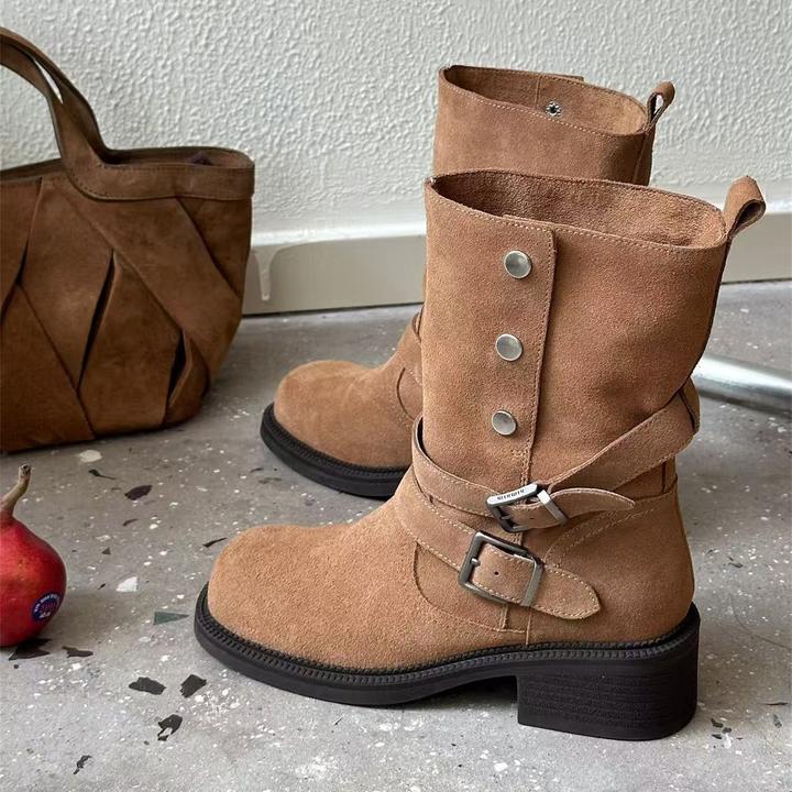 高跟靴子女秋冬2025新款复古磨砂爆款粗跟显瘦厚底百搭套筒西部靴