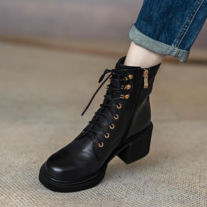 高跟马丁靴女2025年秋冬英伦风系带牛皮松糕防水台粗跟短靴