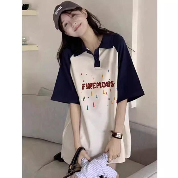 初中学生大版美式复古POLO衫短袖t恤女洋气夏季大童高中宽松上衣