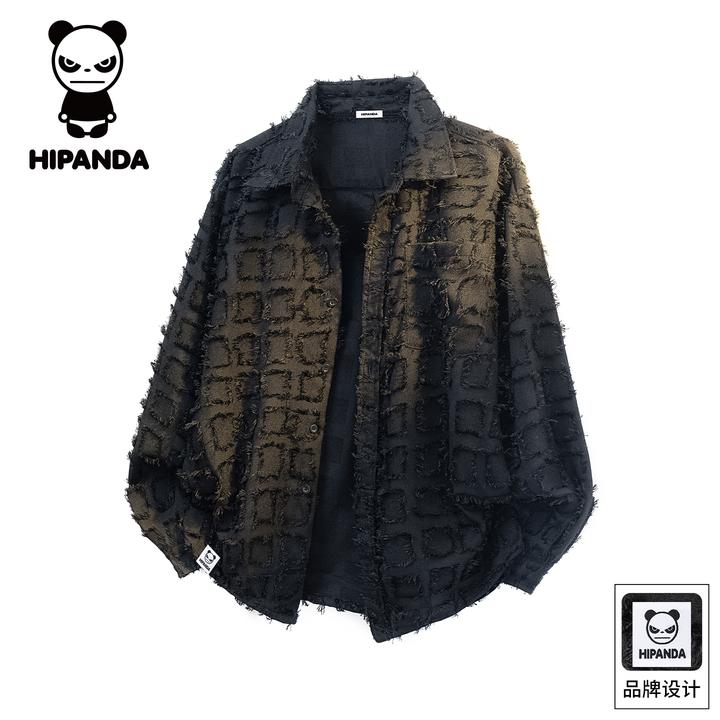 Hi Panda你好熊猫秋冬美式格子长袖衬衫男士宽松百搭潮牌衬衣外套