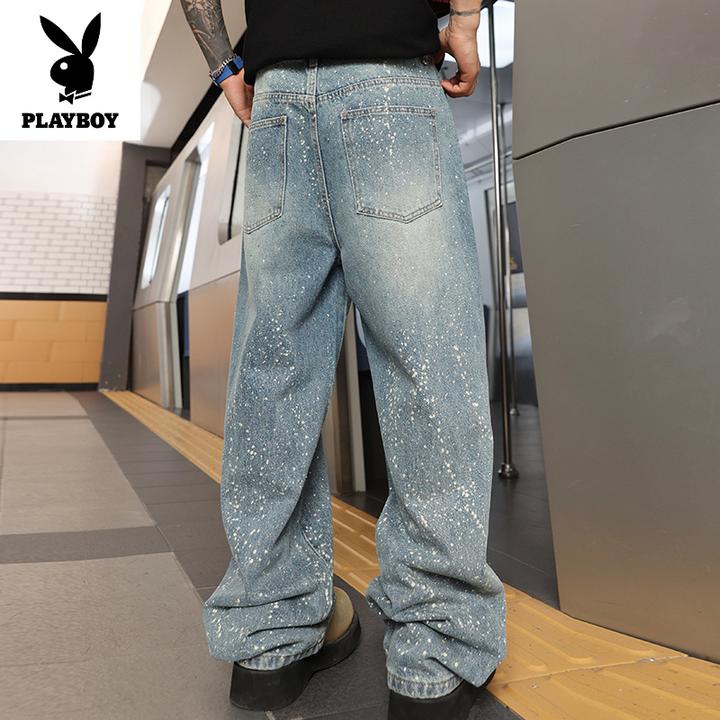 花花公子烫钻牛仔裤男宽松直筒阔腿裤美式高街潮牌痞帅高端水洗