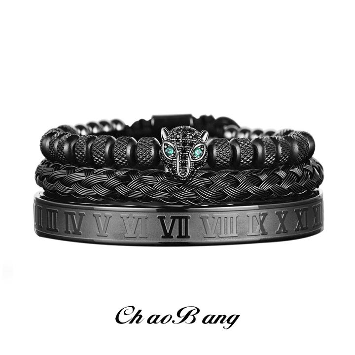 钛钢手链 绿锆石豹子头手链男钛钢编制可调节高级感配饰小众饰品