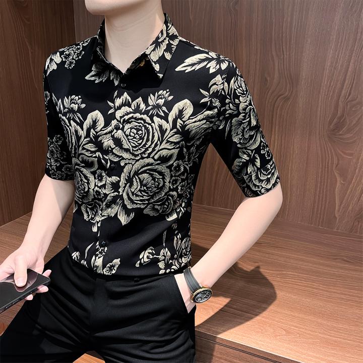 印花衬衫男款短袖夏季爆款2025新款痞帅中国风修身七分袖男士衬衣