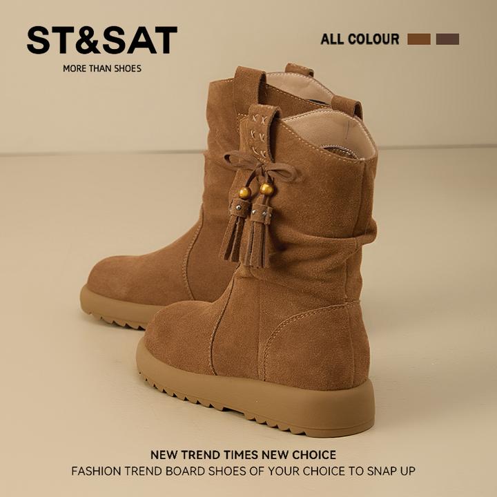 星期六真皮美拉德短靴女复古V口短筒西部靴秋季百搭高颜值瘦瘦靴