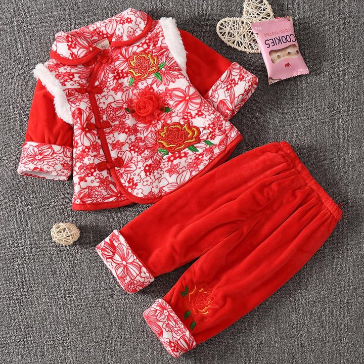 中国风单排扣女宝宝秋冬季薄棉套装儿童女婴儿周岁礼服古装婴装