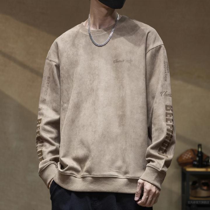 美式重磅380g麂皮绒卫衣男圆领秋季宽松加大码长袖印花上衣外套潮