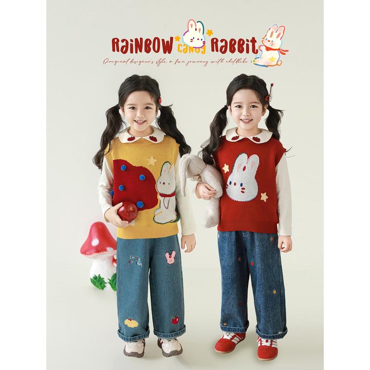 幼悠女童秋装兔子羊毛混纺毛衣提花马甲可爱超萌儿童衣服潮Q4423