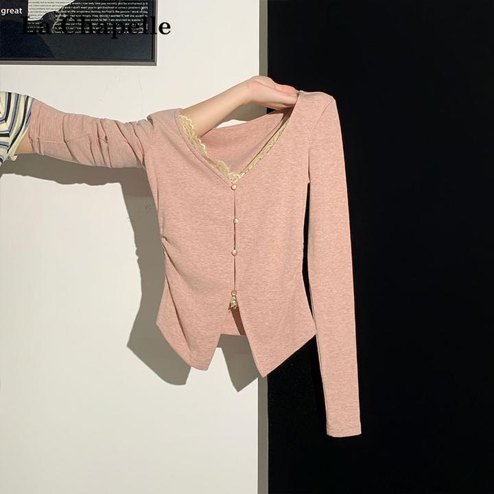 拉夏贝尔蕾丝拼接V领假两件长袖T恤女秋季设计感纽扣褶皱绝美上衣