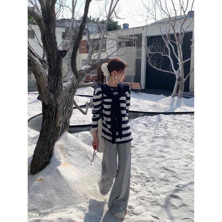 【赵小小&周日美术馆】9031 条纹百搭圆领上衣宽松两件套【配披肩】