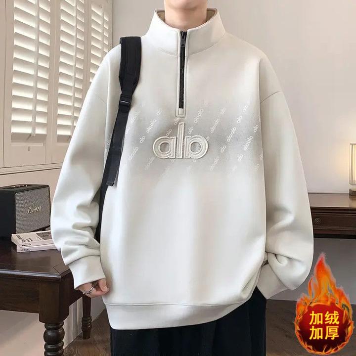 青少年冬季加绒加厚半高领卫衣男港风潮流百搭宽松保暖学生打底衫