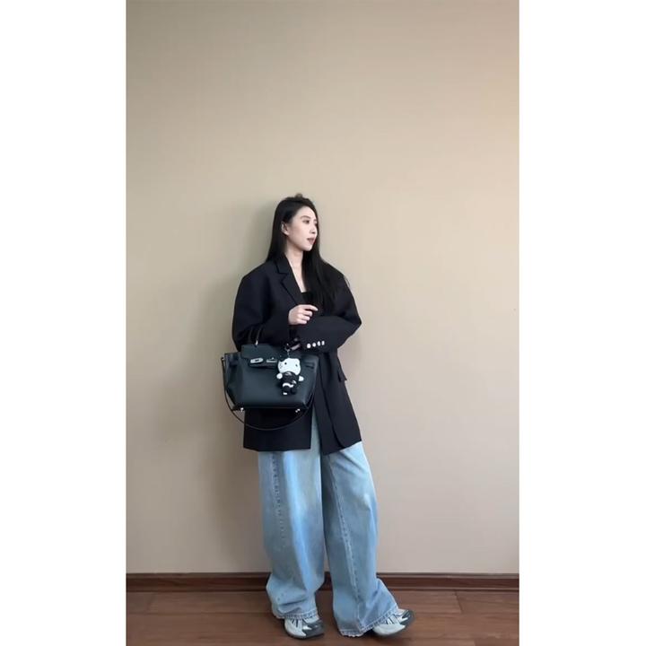 轻职风高级感时尚百搭显瘦长袖西装短外套高腰垂感休闲蓝色牛仔裤