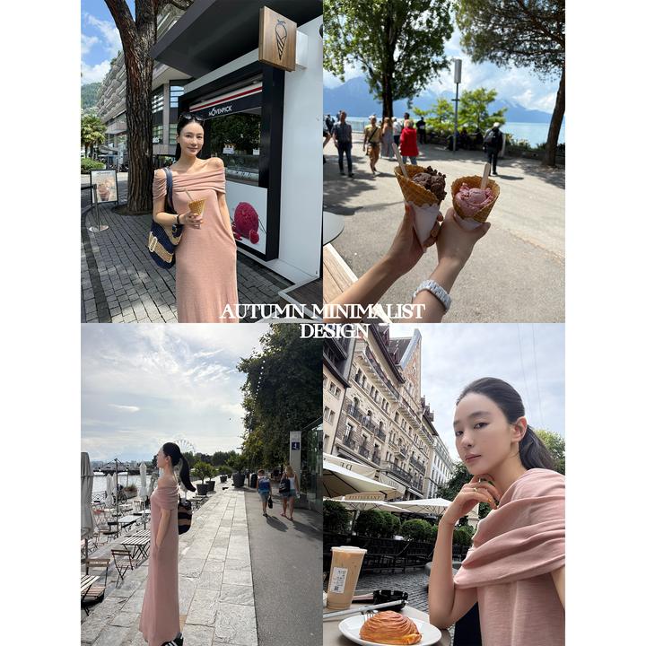 周淼 【月光诗行】羊毛混纺修身连衣裙一字肩气质长裙女ZM25L6472S