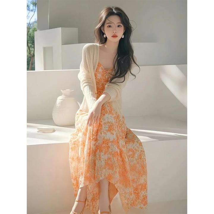 2025年春装新款一整套女针织开衫森系橘色碎花连衣裙温柔减龄套装