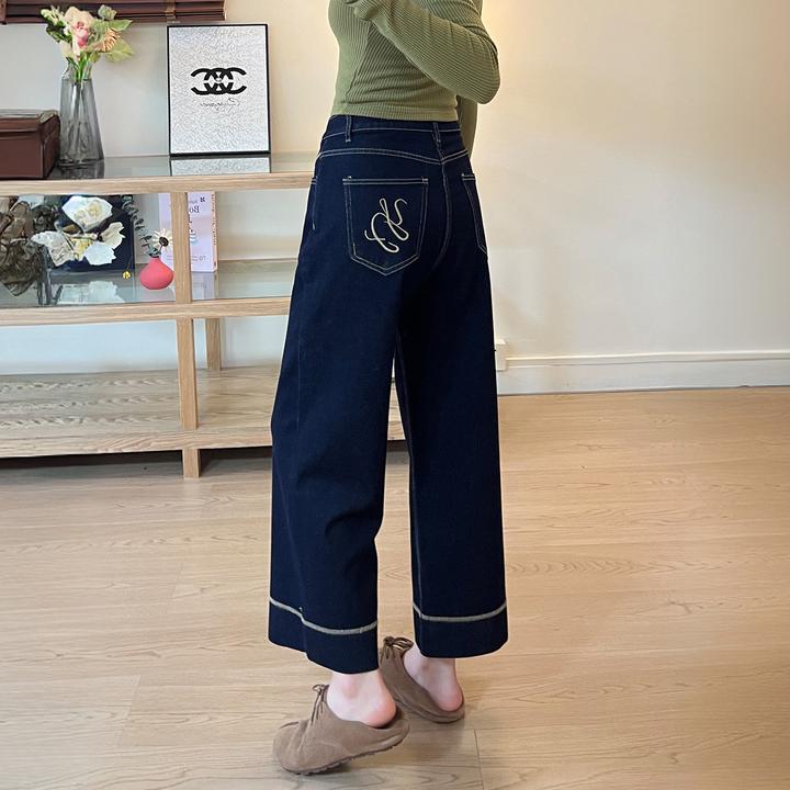 秋季新款弹力九分直筒牛仔裤女大码胖mm梨形身材裤子显瘦阔腿裤子