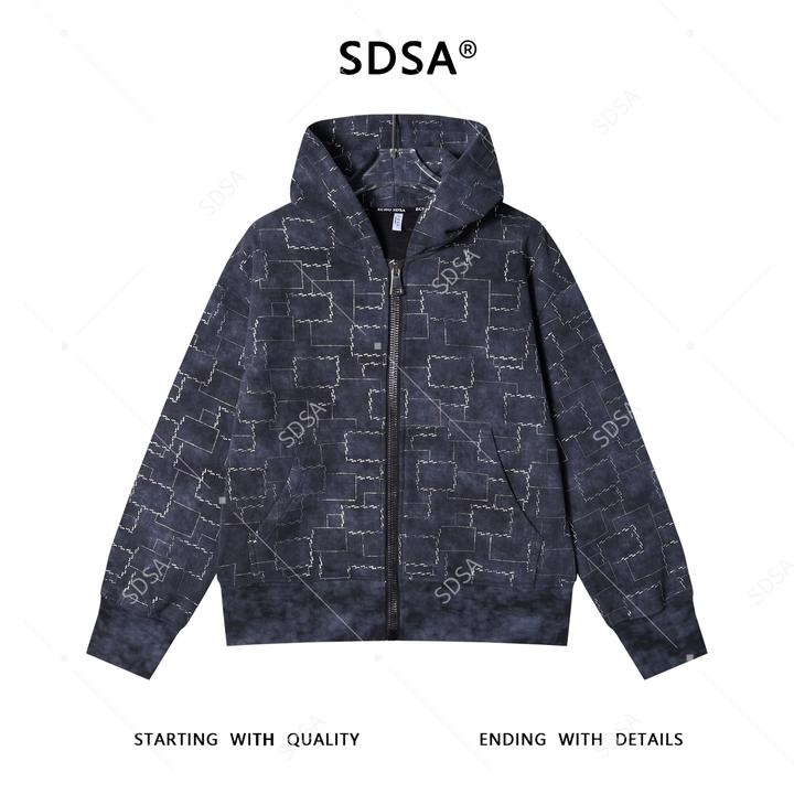 SDSA秋冬新款痞帅男装复古不规则图形滴胶开衫拉链连帽卫衣百搭