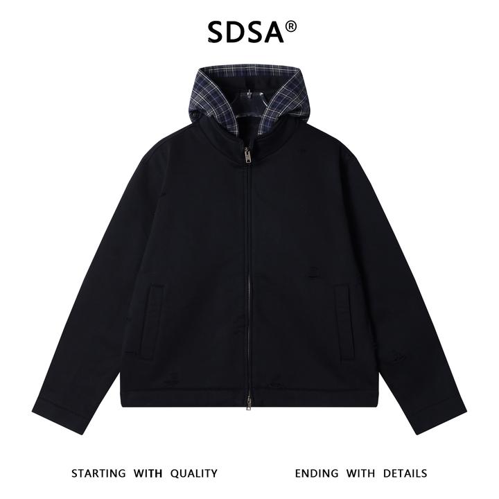 SDSA男士秋冬新款痞帅男装时尚拼接磨破立领拉链连帽卫衣时尚外套