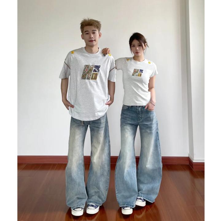 古著水洗做旧竹节弯刀牛仔裤男女美式宽松直筒百搭裤子垂感阔腿裤