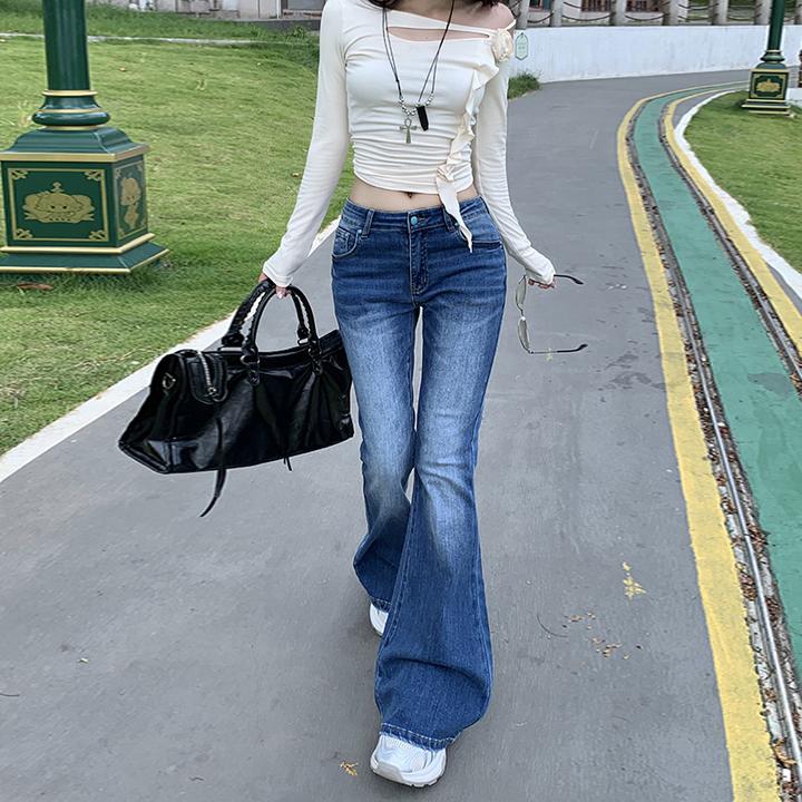拉夏贝尔高街辣妹微喇牛仔裤女2025新款低腰修身显瘦拖地马蹄裤子