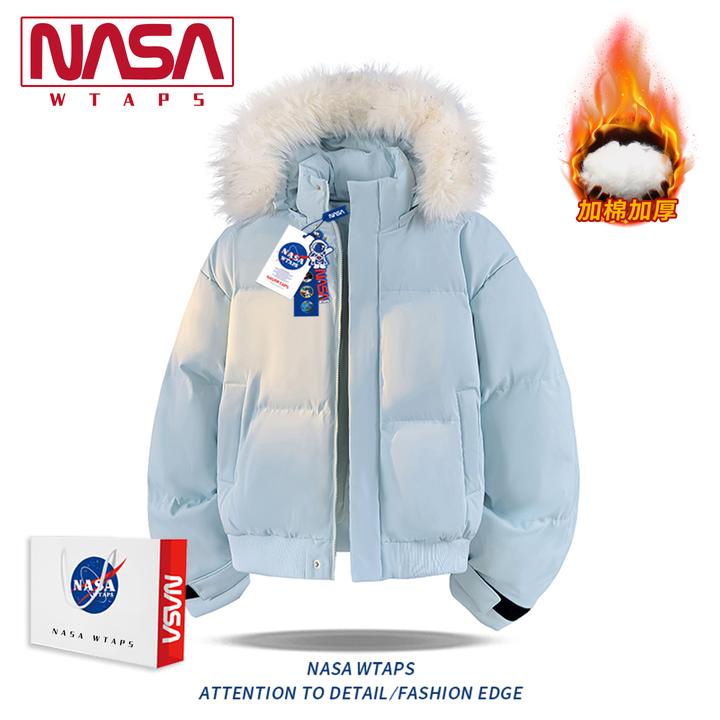 NASA WTAPS美式复古可拆卸毛领连帽棉服男款冬季加厚棉袄子外套男