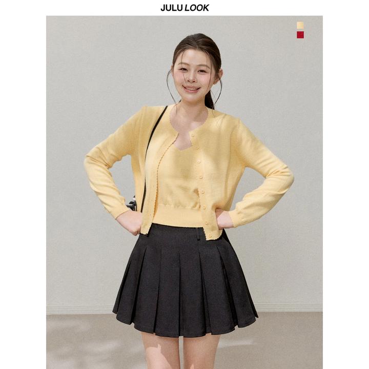 巨鹿工作室“枫糖奶霜”微胖mm短款毛衣针织开衫/V领吊带大码套装