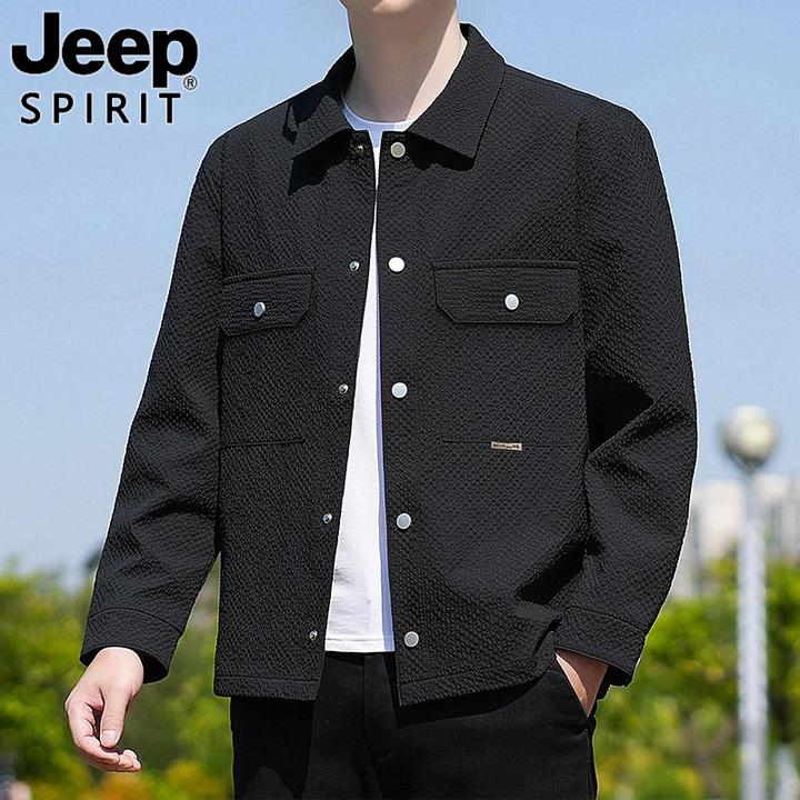 JEEP SPIRIT吉普男士外套春秋季新款轻商务泡泡格翻领休闲夹克潮