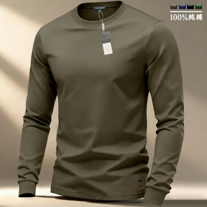 重磅纯棉长袖T恤美式复古休闲圆领套头上衣男款纯色打底内搭卫衣t
