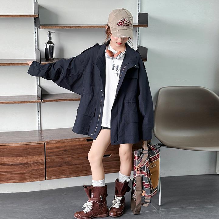 休闲休闲风拉链连帽韩版春秋纯色立领风衣童装2025春秋女童宽松版