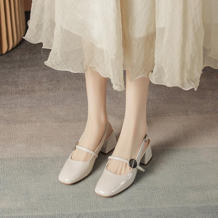 法式方头玛丽珍女鞋高跟粗跟单鞋2025年字扣高跟鞋后空包头凉鞋女