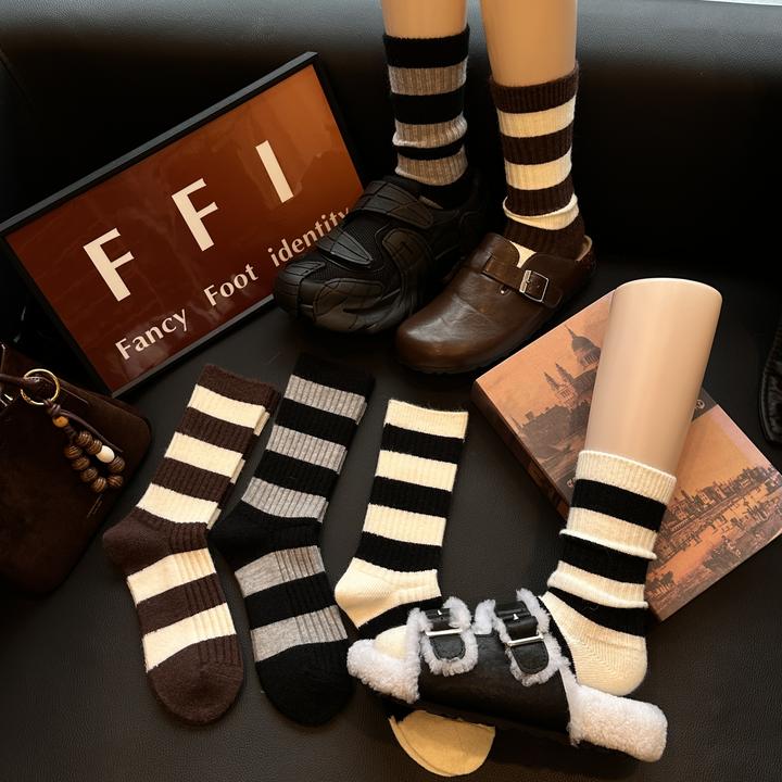 FFI(3双)双针粗条纹冬季加厚粗针保暖中筒堆堆搭鲨鱼裤毛毛拖鞋