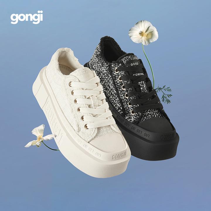 【鞠婧祎同款】gongji小香风方头板鞋女厚底增高小白鞋miu~帆布鞋