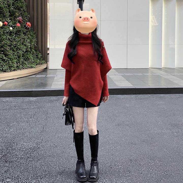 红色高领不规则毛衣女衬衫洋气打底韩版新款慵懒高级感针织上衣